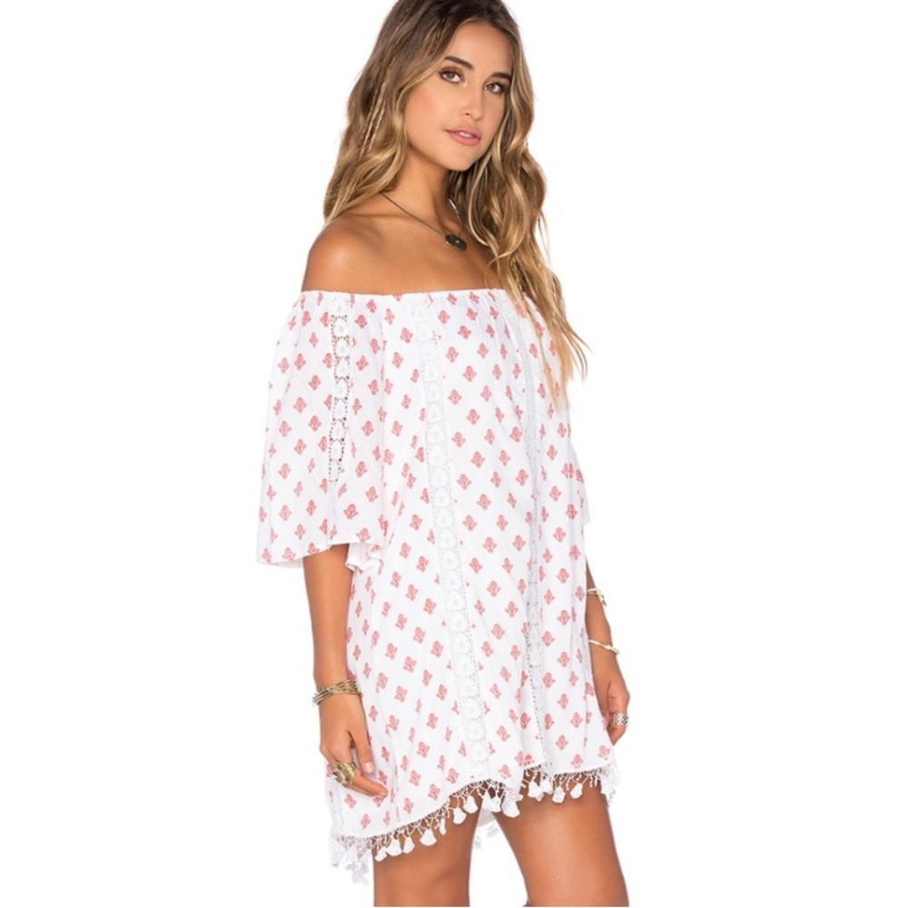 Tularosa Sara Lace Dress‎ Red White Off Shoulder Mini Swim Beach Cover Up Small